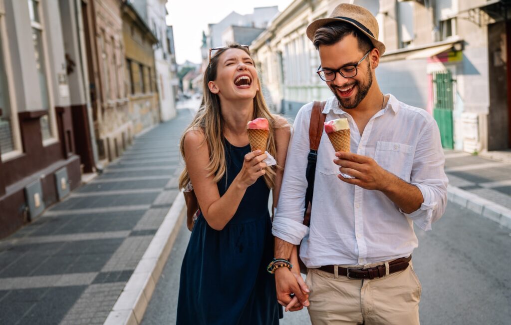 Portrait of happy couple having date and fun on vacation. People travel happiness concept